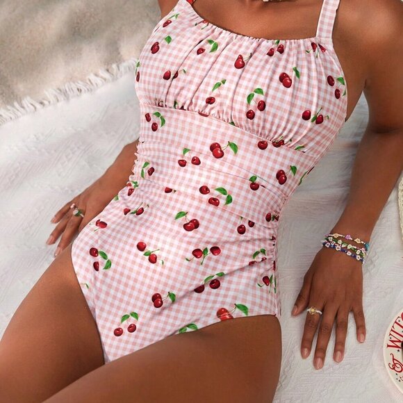 Multicolor Casual Women's Plaid Cherry Print One-Piece Swimsuit - Picture 1 of 6